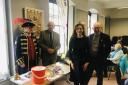 Axminster’s town crier Nick Goodwin with Chairman Peter Slimon, Gina K Youens and Reverend Clive .