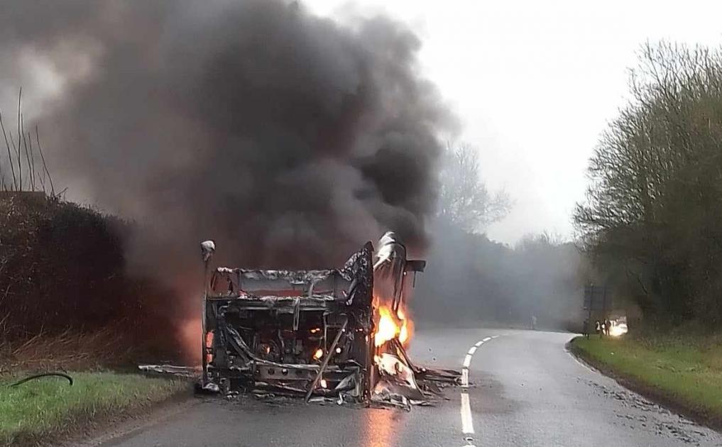 Bus left 'completely destroyed' after catching fire on the A35 near Axminster 