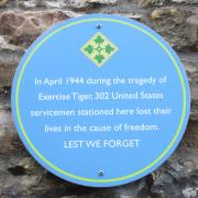 The plaque commemorates “Exercise Tiger.” which was a World War II rehearsal on 27th / 28th April 1944 at Slapton Sands. Credit Margaret Lewis.