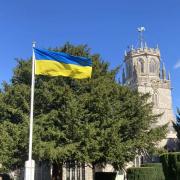 St Andrews Church, Colyton flying the Ukrainian flag as a show of support.